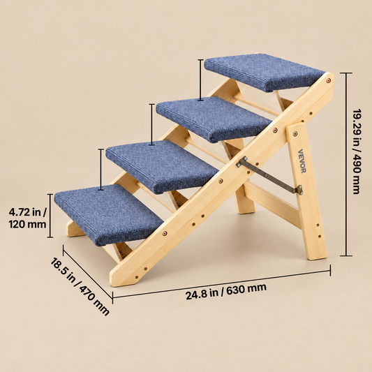 Three-step wooden pet staircase with blue-gray cushioned steps, shown with dimension lines and measurements on a light gray background.