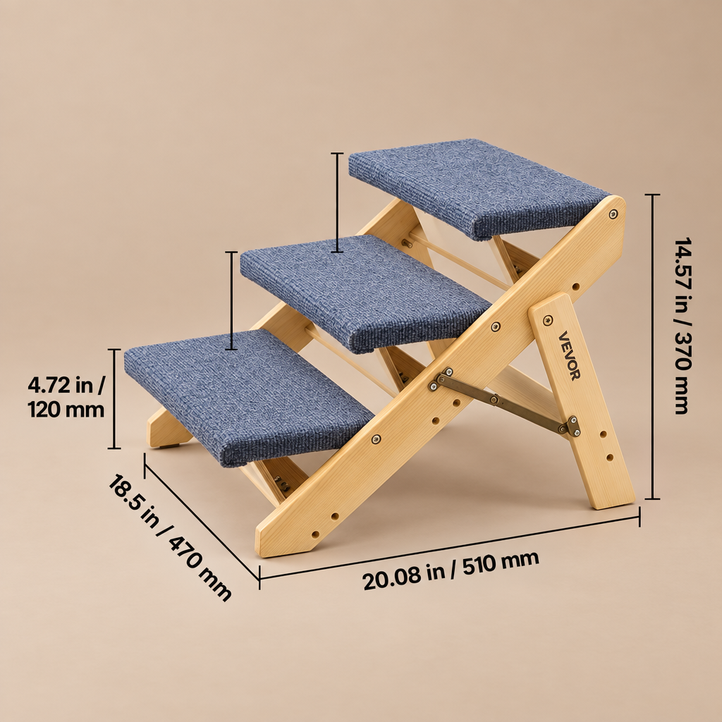 Three-step wooden pet ramp with blue-gray carpeted steps, shown with dimension lines and measurements on a white background.