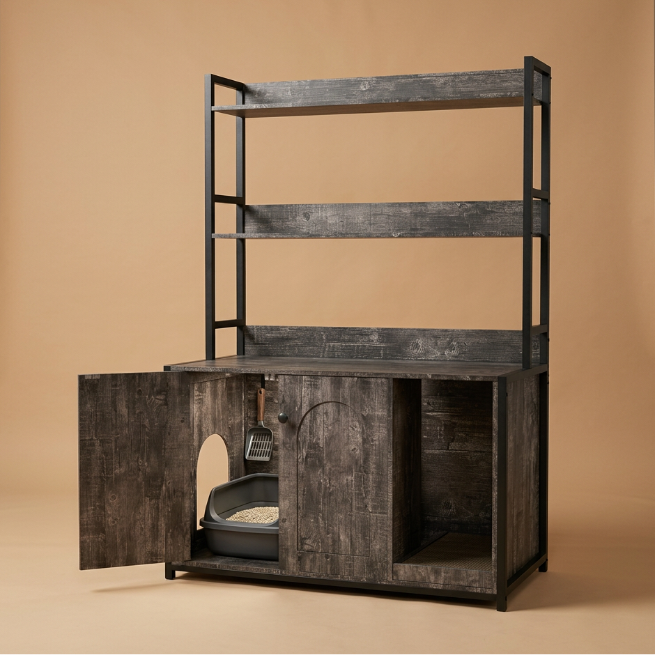 Cat Litter Box Enclosure with Storage Shelves & Scratch Pad  MustLovePets