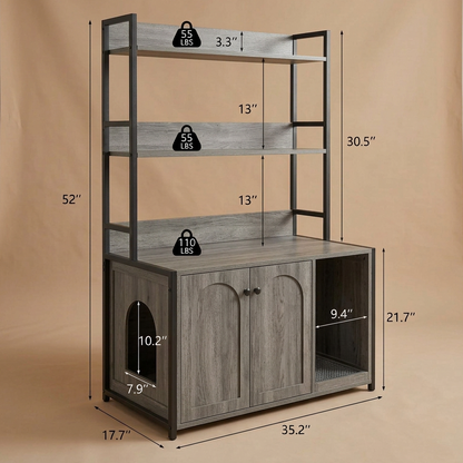 A line drawing of a tall enclosure cabinet  with shelves and doors, annotated with dimensions in inches and weight labels on beige background.