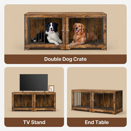 A composite product listing showing a rustic wooden double dog crate set in three room scenes. The top panel shows the crate with two dogs inside and the text 'Double Dog Crate.