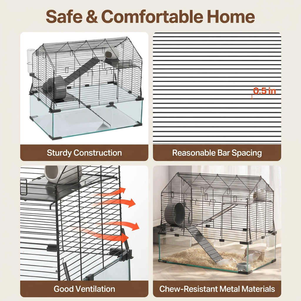 A product infographic for a small animal cage, titled 'Safe & Comfortable Home'. The graphic features four panels: a top-left panel shows the assembled metal and glass cage with a ramp and wheel; a top-right panel shows the wire top section with text reading 0.5 inch spacing.