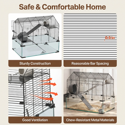 A product infographic for a small animal cage, titled 'Safe & Comfortable Home'. The graphic features four panels: a top-left panel shows the assembled metal and glass cage with a ramp and wheel; a top-right panel shows the wire top section with text reading 0.5 inch spacing.