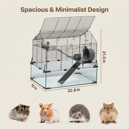 A wire hamster cage with a glass base and accessories, shown with dimension labels reading 21.3 in height, 15 in width, and 22.