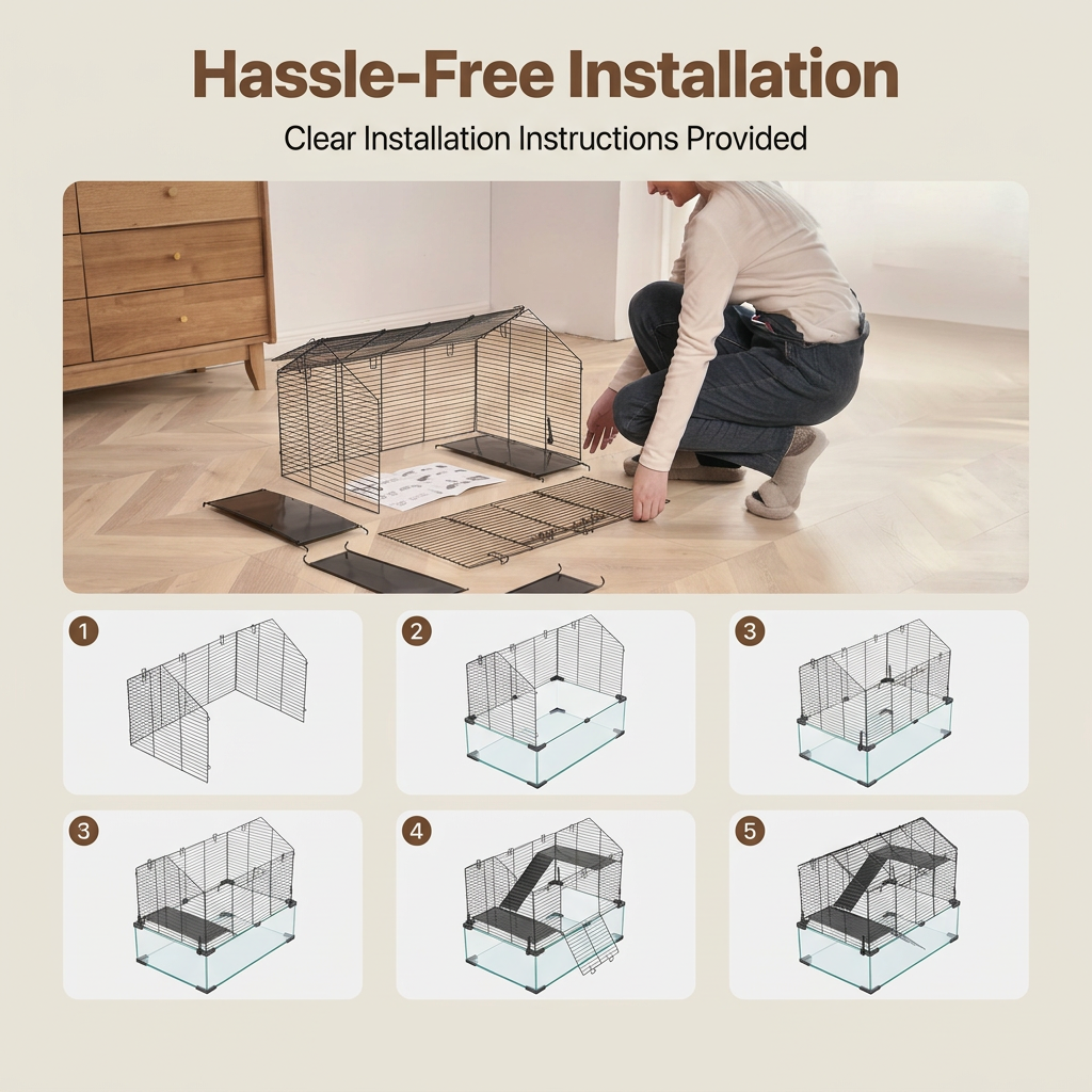 A metal hamster cage assembly shown with a woman crouching beside it in a room, plus step-by-step installation diagrams and text reading 'Hassle-Free Installation' and 'Clear Installation Instructions Provided.'.