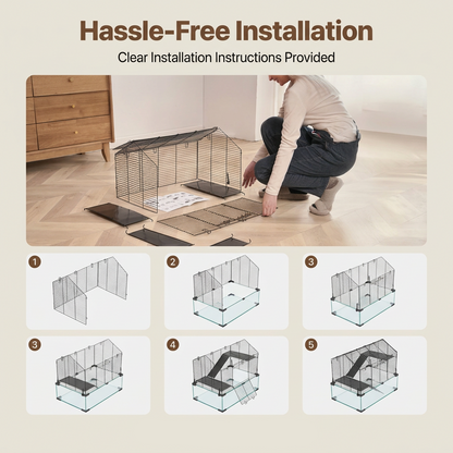 A metal hamster cage assembly shown with a woman crouching beside it in a room, plus step-by-step installation diagrams and text reading 'Hassle-Free Installation' and 'Clear Installation Instructions Provided.'.
