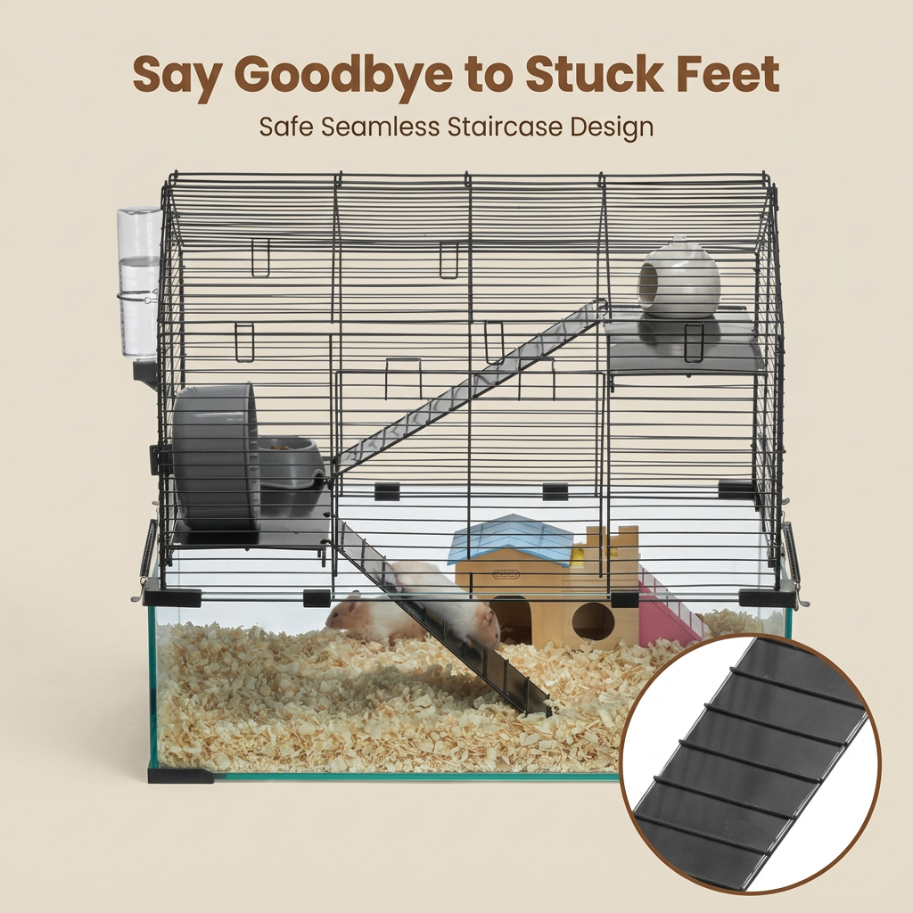 A large metal hamster cage with a glass bottom, wood shavings bedding, rampes, toys, and accessories, shown on a light beige background with promotional text and a circular inset showing a close-up of a ramp.