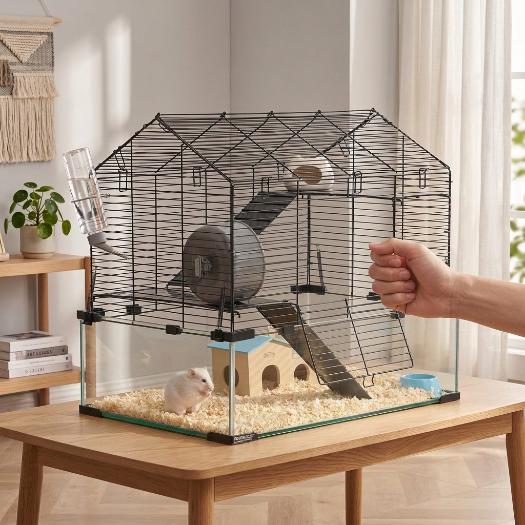 A large metal hamster cage with a glass bottom and house-shaped roof, shown on a light wood floor with a small white hamster inside. A human hand is visible holding the cage door open, indicating lifestyle use.