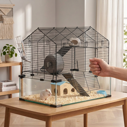 A large metal hamster cage with a glass bottom and house-shaped roof, shown on a light wood floor with a small white hamster inside. A human hand is visible holding the cage door open, indicating lifestyle use.