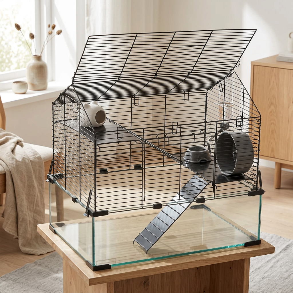 A large metal wire hamster cage displaying how the top opens, with a transparent glass bottom and accessories including a wheel, ramp, and hide, shown on a table in a living room setting.