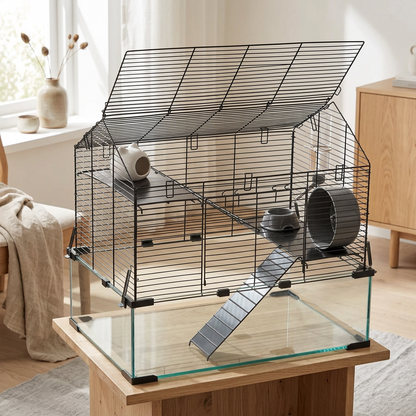 A large metal wire hamster cage displaying how the top opens, with a transparent glass bottom and accessories including a wheel, ramp, and hide, shown on a table in a living room setting.