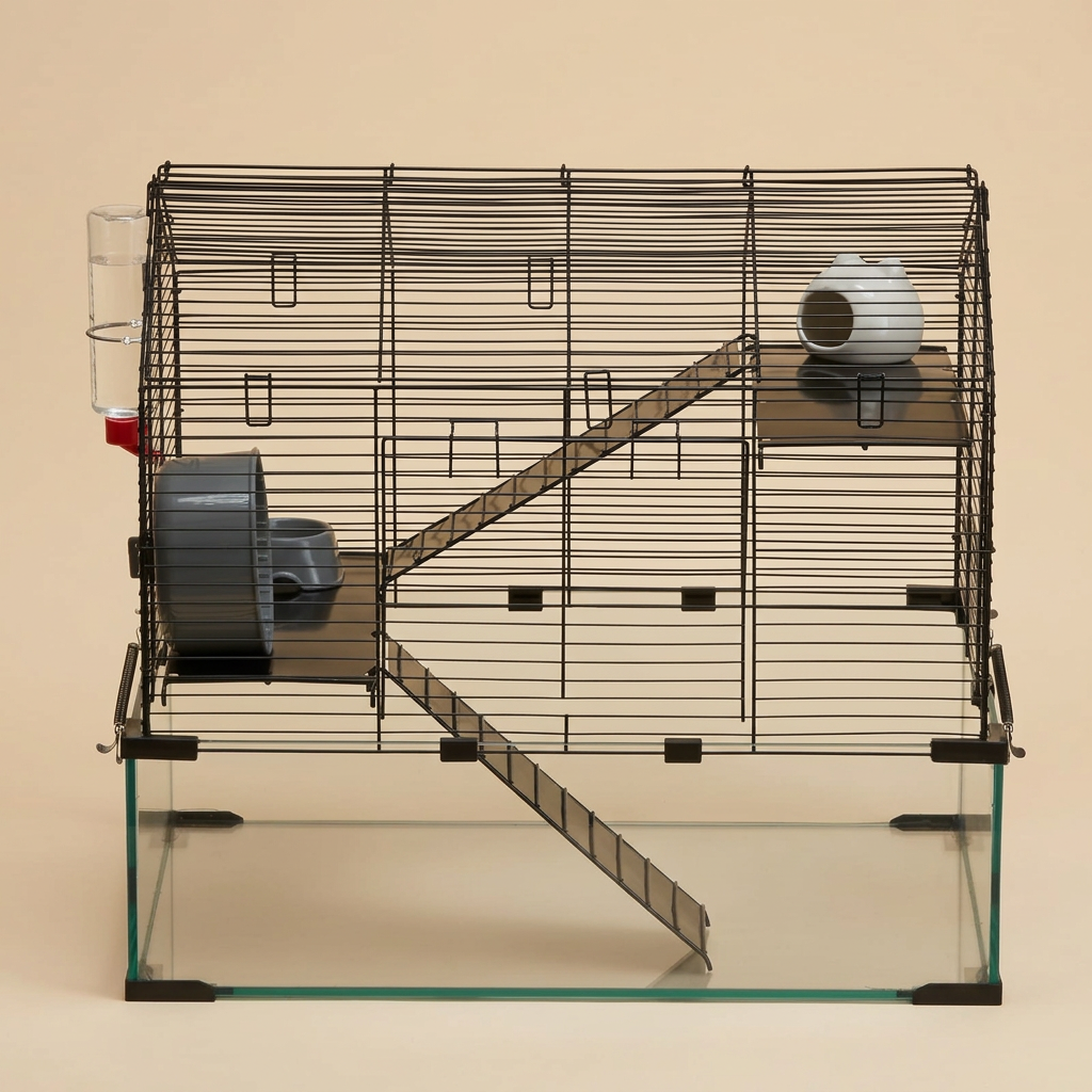 A large multi-level hamster cage with a black wire metal frame, glass bottom, transparent water bottle, dark running wheel, small bowl, ramp, and a white hide on a white background.
