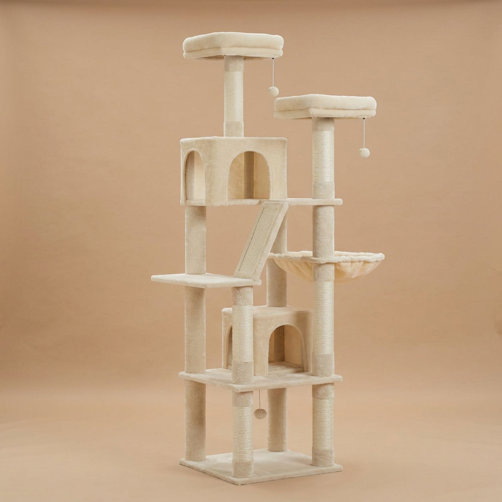 A tall multi-level cat tree with sisal-wrapped posts, platforms, a small enclosed cubby, a ramp, and hanging toy balls, photographed against a plain warm beige studio background.