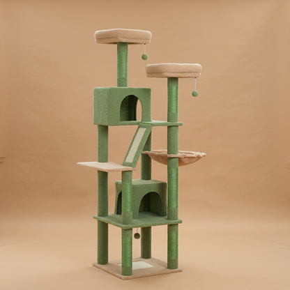 A multi-level cat tree with sage green fabric-covered posts and beige sisal-wrapped platforms, scratching posts, and a hanging hammock, shown on a plain white background. (US ONLY)
