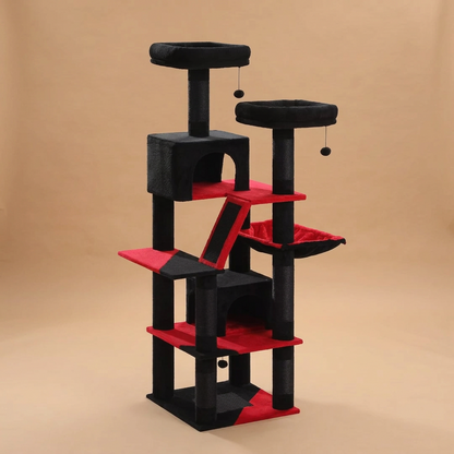 A multi-level cat tree with black faux-fur platforms, red carpeted steps and hammocks, and small dangling toy mice, shown on a white background with three cats sitting and lounging on it.