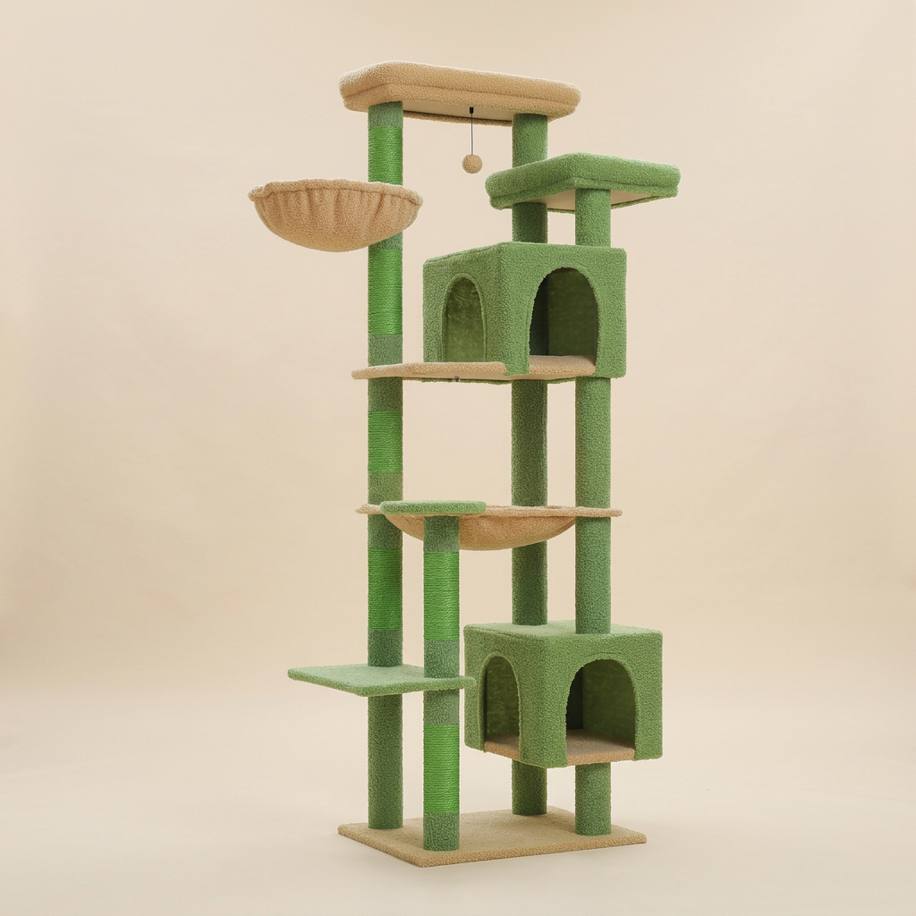 A tall multi-level cat tree with green-wrapped posts and natural wood platforms, shown on a white background with three cats using the tree and a hanging ball toy floating to the left.