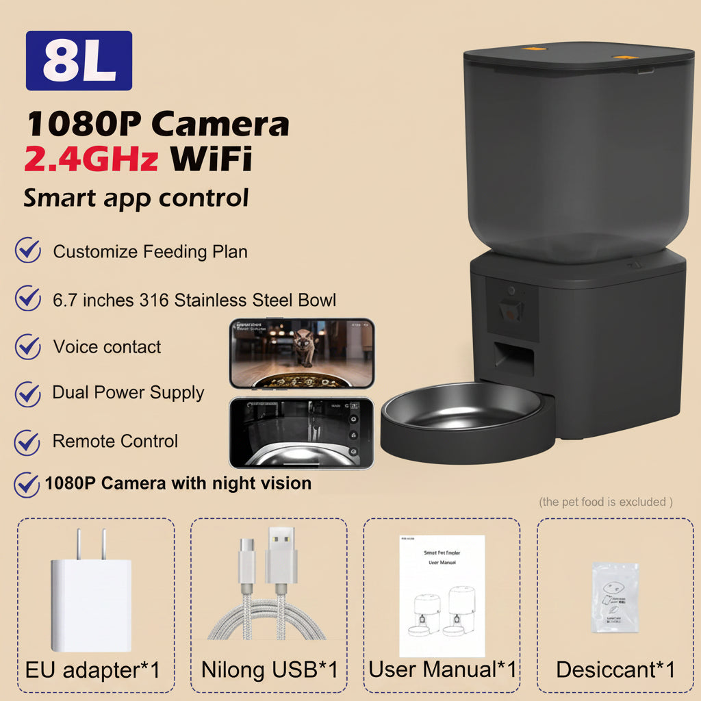 Black pet feeder with 1080P camera and WiFi connectivity on a beige background