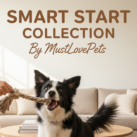 Dog playing with a rope toy in a living room with 'Smart Start Collection by MustLovePets' text.