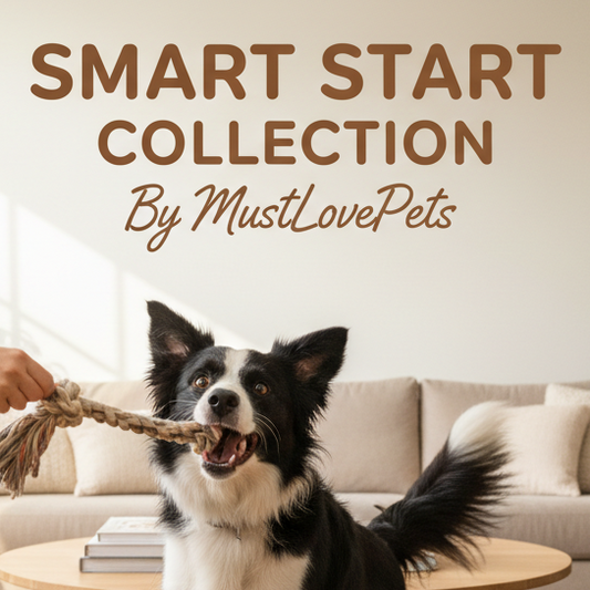 Dog playing with a rope toy in a living room with 'Smart Start Collection by MustLovePets' text.