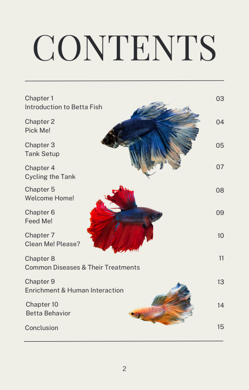 Table of contents for a book or guide about betta fish with images of three betta fish.