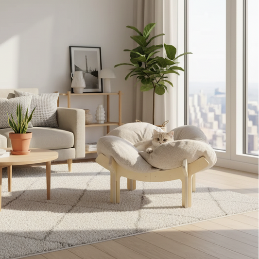 Cat lounging on a modern pet bed in a city skyline view apartment.