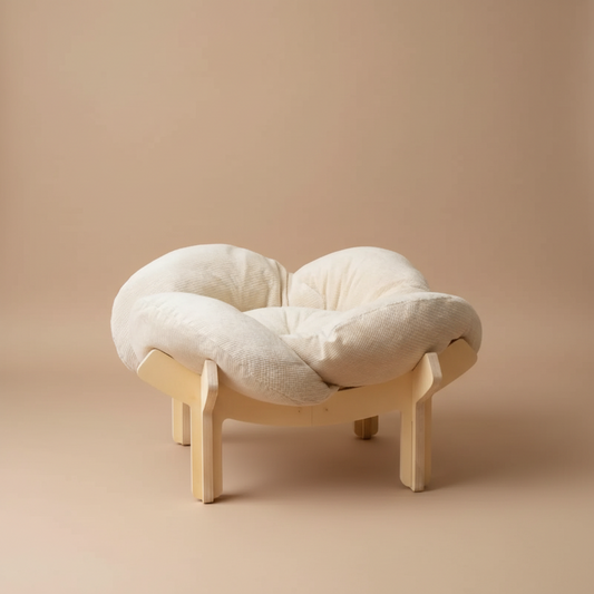 Fluffy pet bed in a cozy bedroom setting.