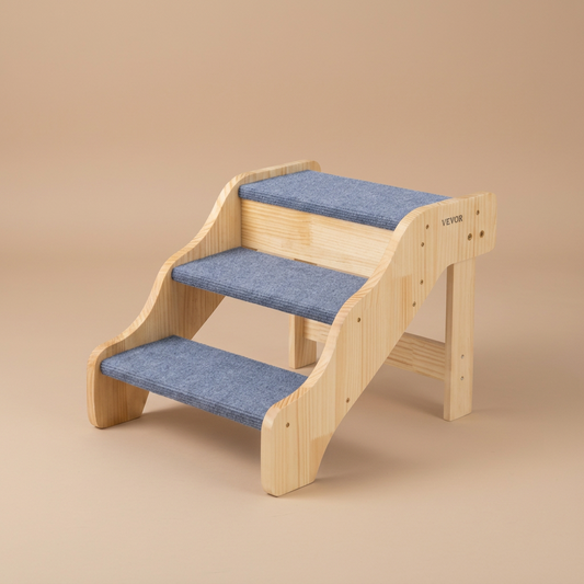 3 Step wooden pet stairs with blue padding on a beige background
