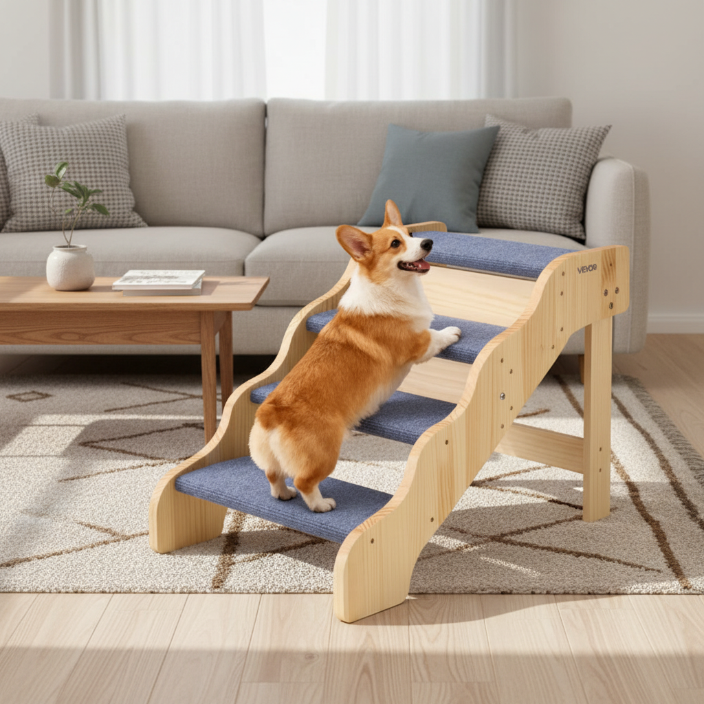 Dog using a set of wooden stairs with blue padding on a white background