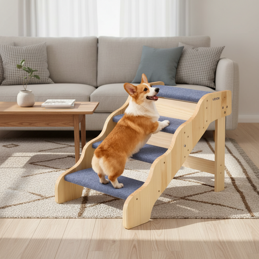 Dog using a set of wooden stairs with blue padding on a white background