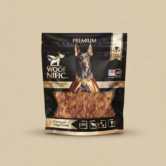 Package of Woof Nific premium dog chews with a dog on the label.