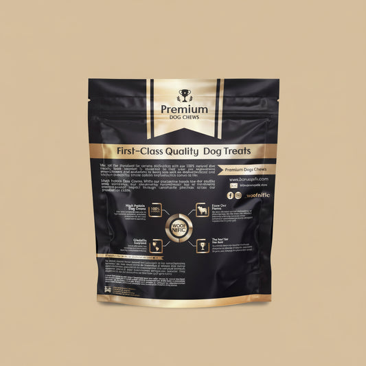 Rear view of package. Black and gold packaging of Premium Dog Chews on a white background