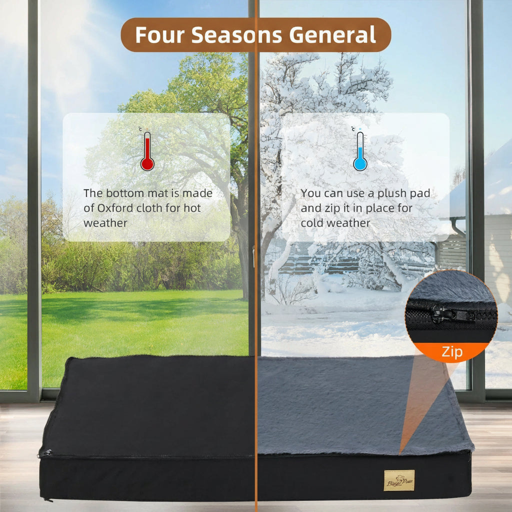 A pet bed shown in front of large sliding glass doors with informational callouts for hot weather and cold weather use, plus a circular inset showing the zipper detail. The bed is split into two color sections: black on the bottom and dark gray on top, with a small tan label on the front.