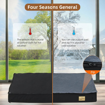 A pet bed shown in front of large sliding glass doors with informational callouts for hot weather and cold weather use, plus a circular inset showing the zipper detail. The bed is split into two color sections: black on the bottom and dark gray on top, with a small tan label on the front.