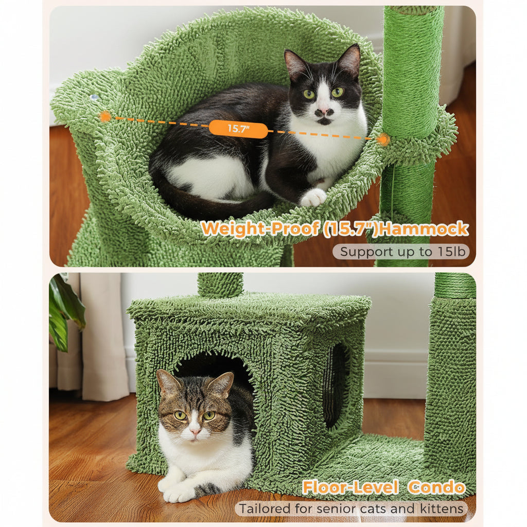 Green cat tree with two cats on different levels, highlighting features like weight-proof hammock and floor-level condo.