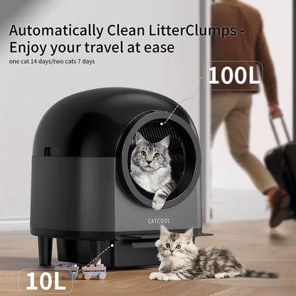 Black litter box with a cat inside, featuring text about automatically cleaning litter clumps and travel convenience.