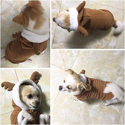 Dog Cat Christmas Reindeer Costume, Funny Pet Elk Cosplay Dress, Puppy Fleece Outfits Warm Hoodie Xmas Apparel Clothes (M Size)