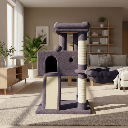 Smokey Gray cat tree with beige accents on a gray background