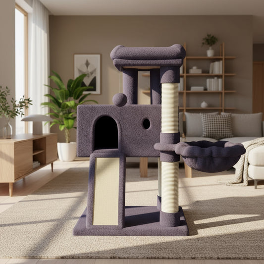 Smokey Gray cat tree with beige accents on a gray background
