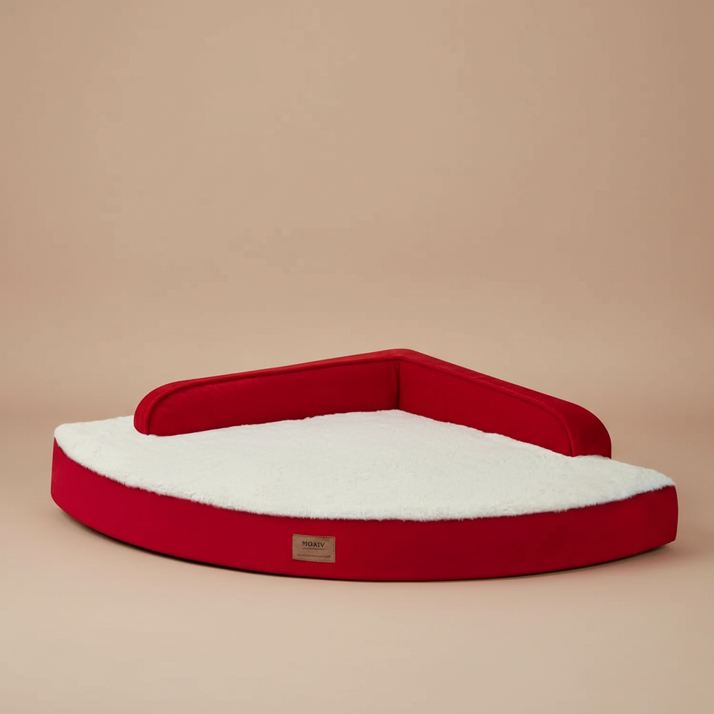image of a red and white pet bed with a beige  background.