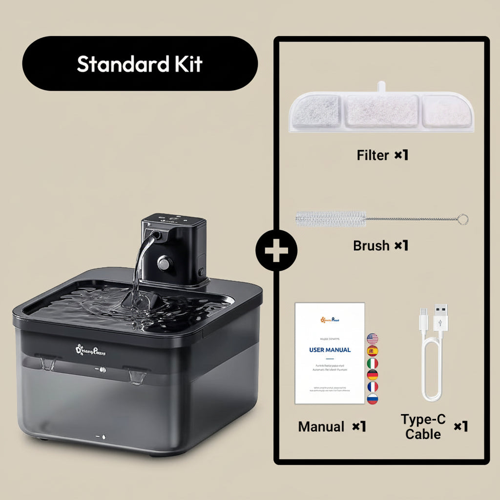 Pet water fountain with included components on a beige background