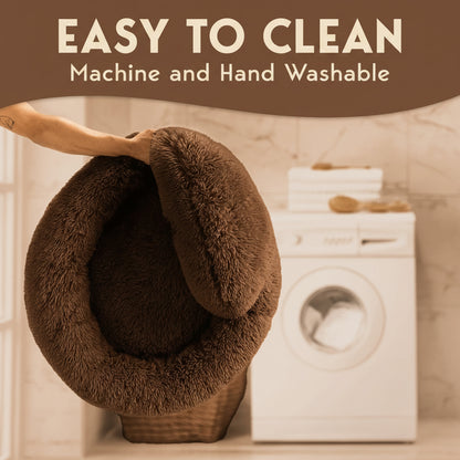 Brown pet bed with text 'Easy to Clean Machine and Hand Washable' next to a washing machine.