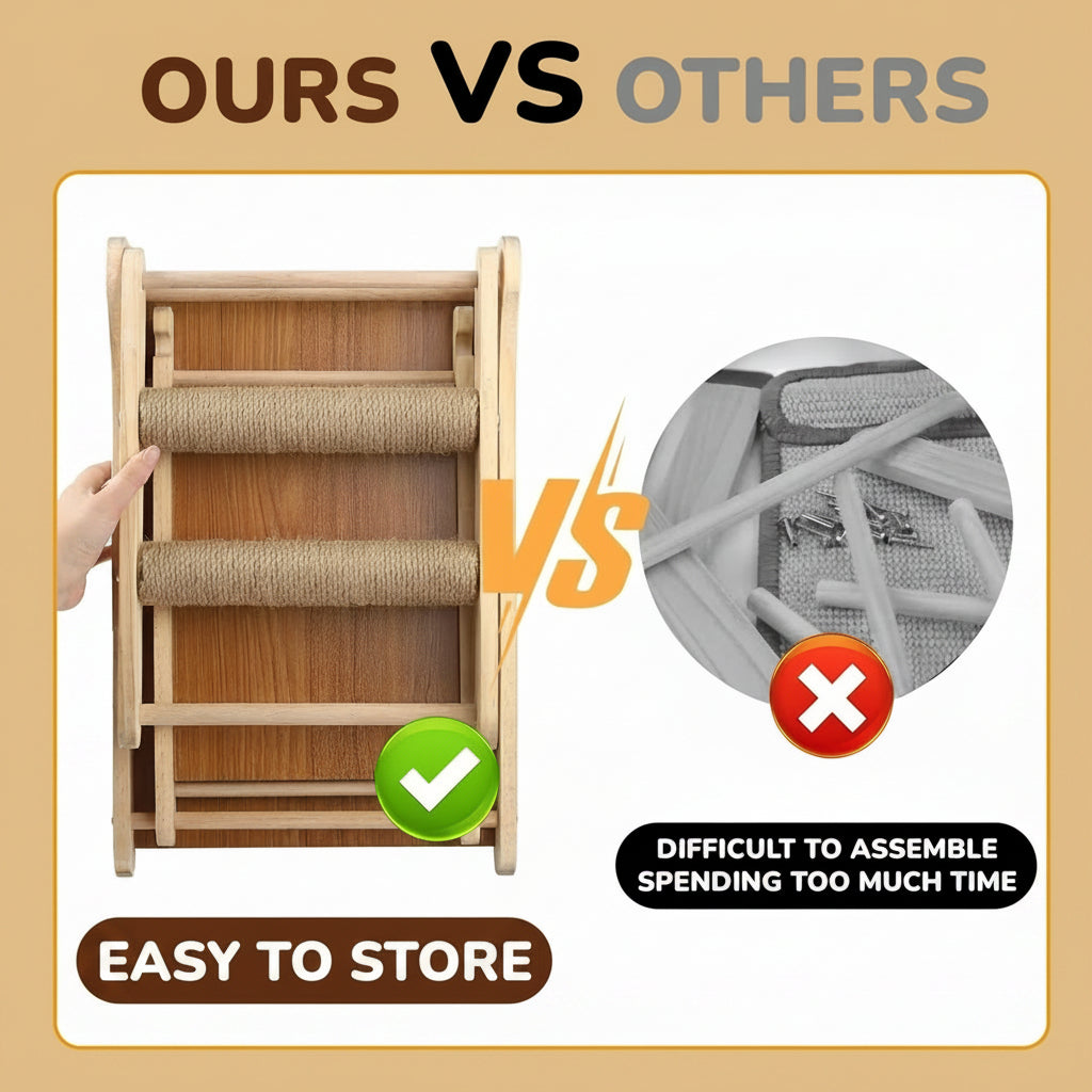 Comparison of a wooden pet with text indicating ease of assembly and storage, versus a gray product with difficulty in assembly.