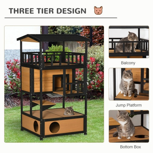 PawHut Wooden Outdoor Cat House | Multi-Level Wild Cat Sanctuary | Asphalt Roof & Escape Door, Yellow