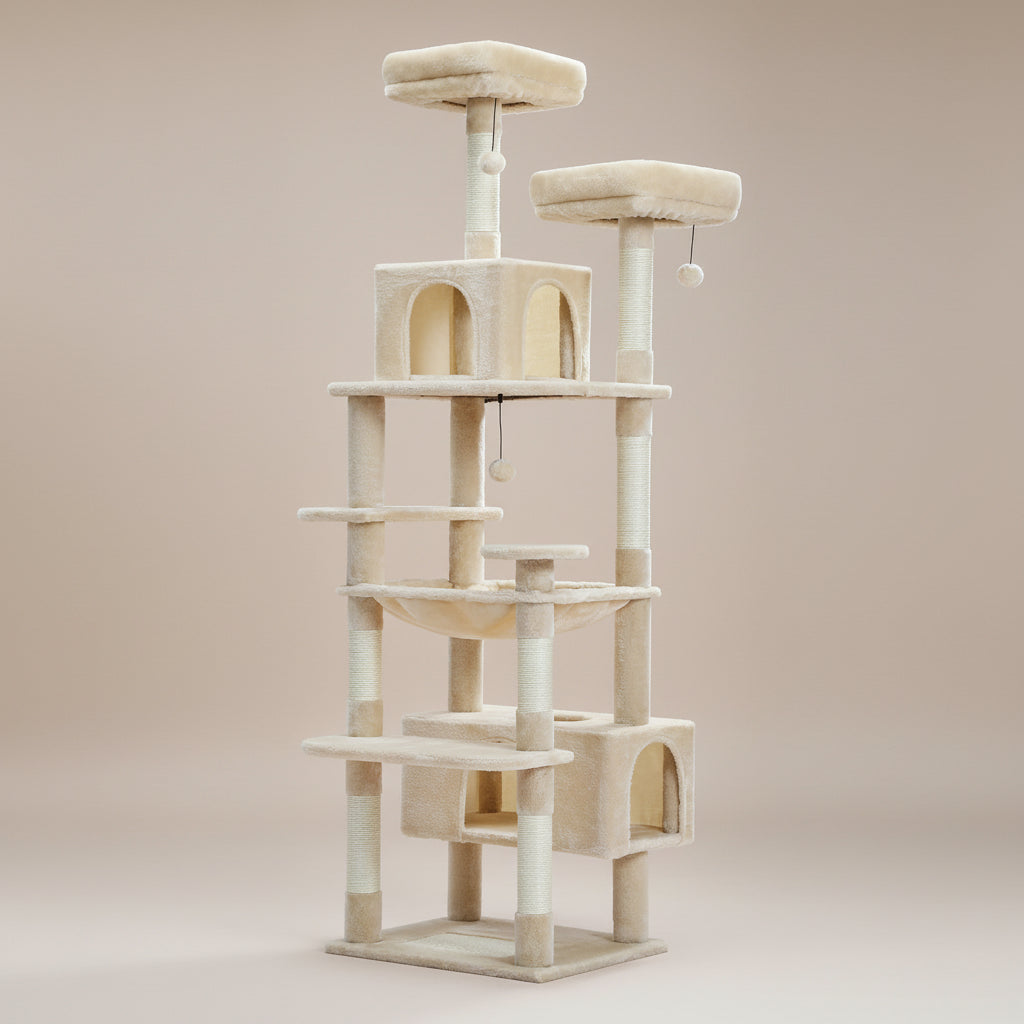 Beige cat tree with multiple levels and perches on a white background