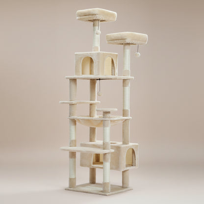 Beige cat tree with multiple levels and perches on a white background