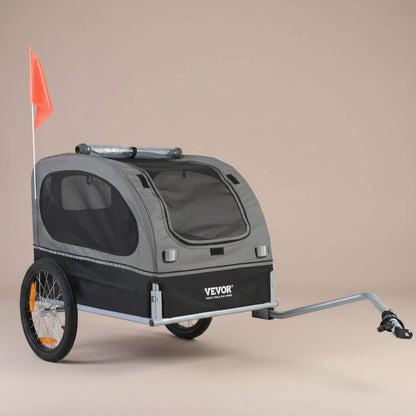 Gray and black Vevor pet bike trailer with a red flag on a white background