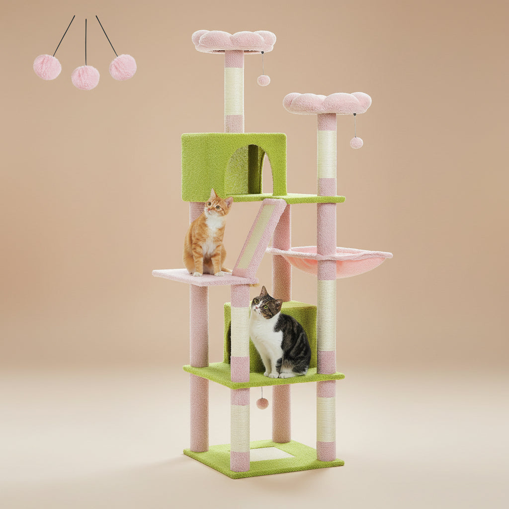 Cat tree with multiple levels and a cat sitting on it against a beige background background