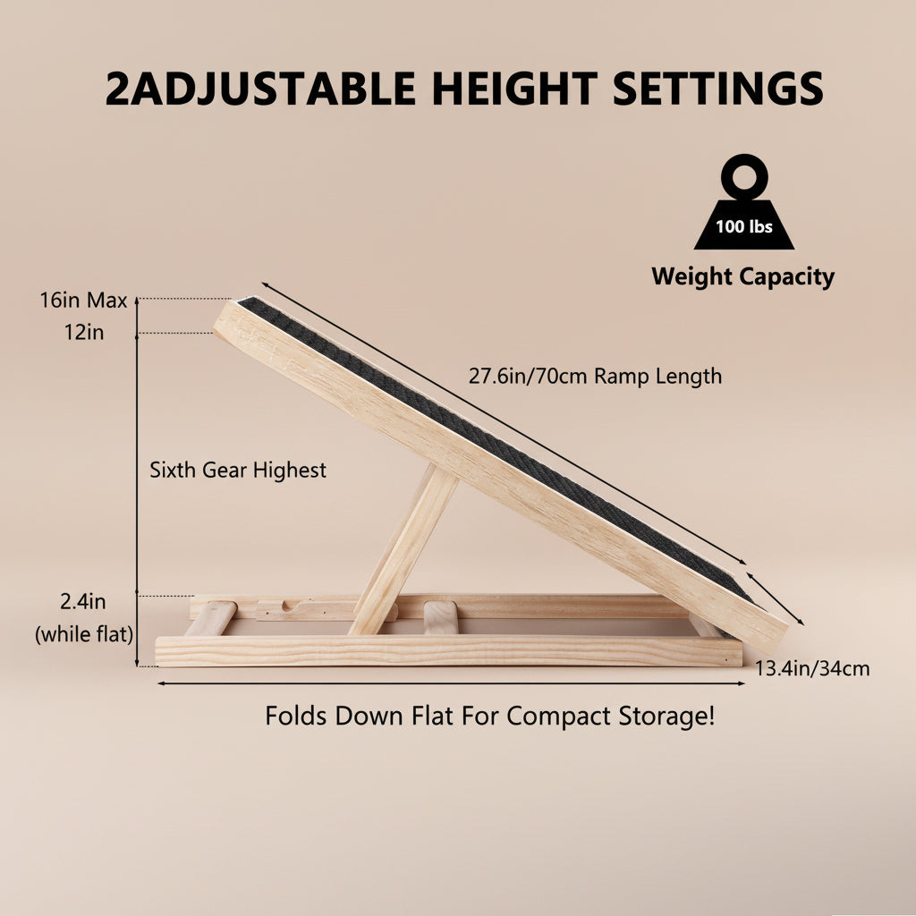Wooden ramp with adjustable height settings and weight capacity on a beige background