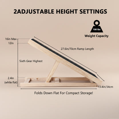 Wooden ramp with adjustable height settings and weight capacity on a beige background