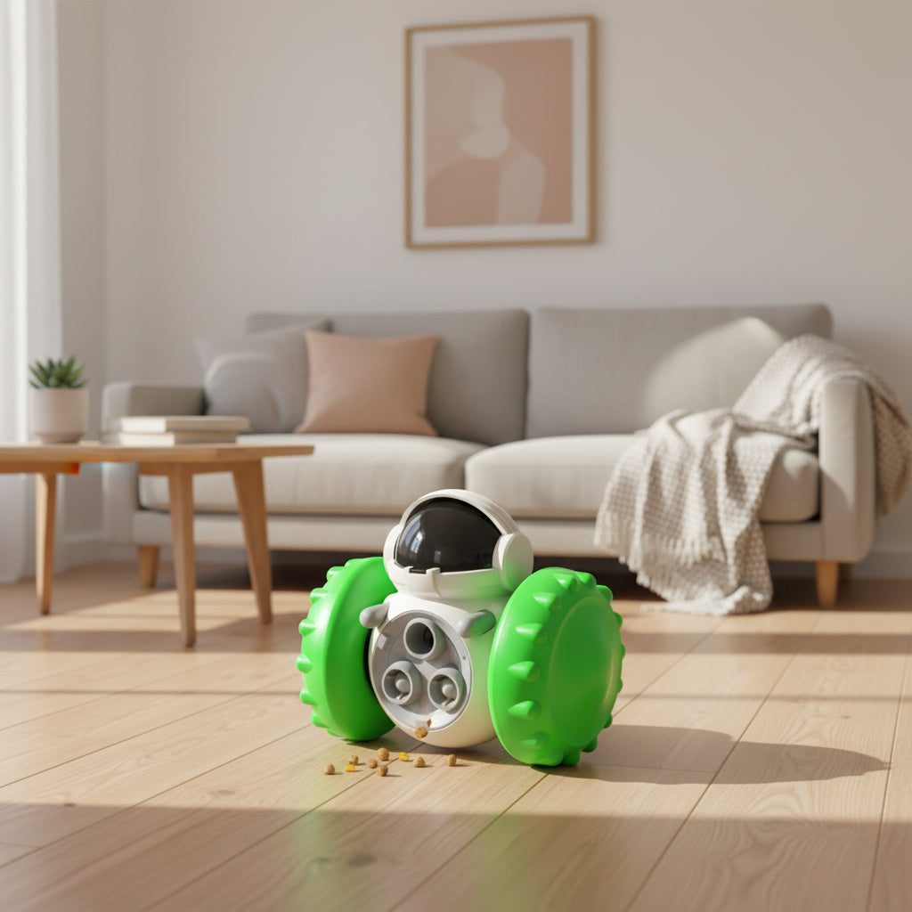 Pet toy with green and white design, in a living room setting.